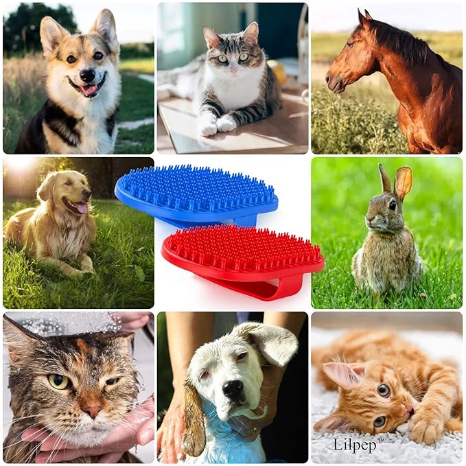 Lilpep Dog Bath Brush, Rubber Pet Shampoo Brush with Silicone Bristles for Massaging Grooming, Removing Short Haired Dogs Cats Shedding, Tangles and Dead Undercoat (Blue, plum brush)-Mewly Pet