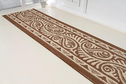 Custom Length Cut to Size Tribal Ethnic Southwestern Inspired Hallway Runner Rug, Non Slip Rubber Backed, 31 inch Wide X Customized Length, Mayan Brown, 31 inch X 32 feet