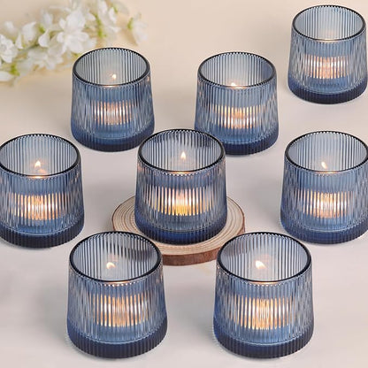 DARJEN Blue Ribbed Tealight Votive Candle Holders Set of 10- Votive Candle Holders for Table Centerpiece, Tea Light Candle Holder Glass for Wedding and Home Decor, Blue Decor and Gifts