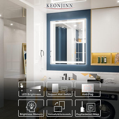 Keonjinn LED Bathroom Mirror, Lighted Vanity Mirror with Lights, 30 x 36 Inch, Dimmable, Anti-Fog, IP54, 6000K, Wall Mounted