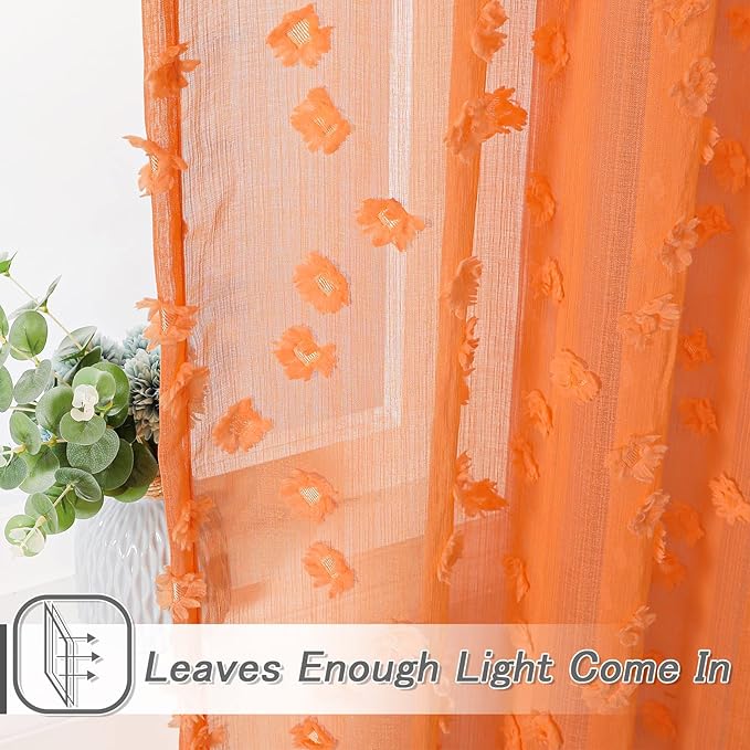 MYSKY HOME Pom Pom Orange Sheer Curtains for Living Room Bedroom Light Filtering Semi-Sheer Curtains for Nursery Girls Kids Room Boho Rod Pocket Voile Draperies Orange 52 x 108 inch 2 Panels