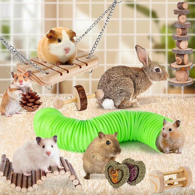 VESPRO Hamster Toys Set, Guinea Pig Toys Small Animal Chewing Toy and Rat Cage Accessories, Chinchillas, Gerbils, Rats, Rabbit Rodents Teeth Care, Apple Wood Timothy Hay Mouse Toy Swing Seesaw Bridge-Mewly Pet