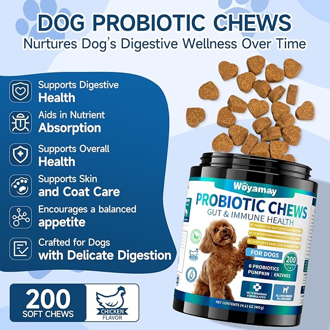 Dog Probiotic for Dogs, 200 Soft Treats Dog Probiotics for Digestive Health & Immune System, Probiotic Chews for Dogs, Support Gut Health|Itchy Skin|Diarrhea|Gas Relief Treatment-Mewly Pet
