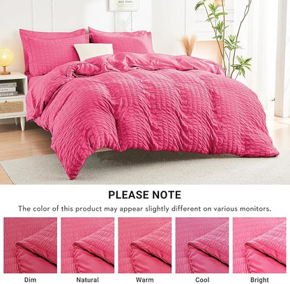 HYMOKEGE Hot Pink Twin Comforter Set Seersucker 5 Pieces, All Season Luxury Bed in a Bag for Bedroom, Bedding Set with Comforter, Sheets, Pillowcase & Sham