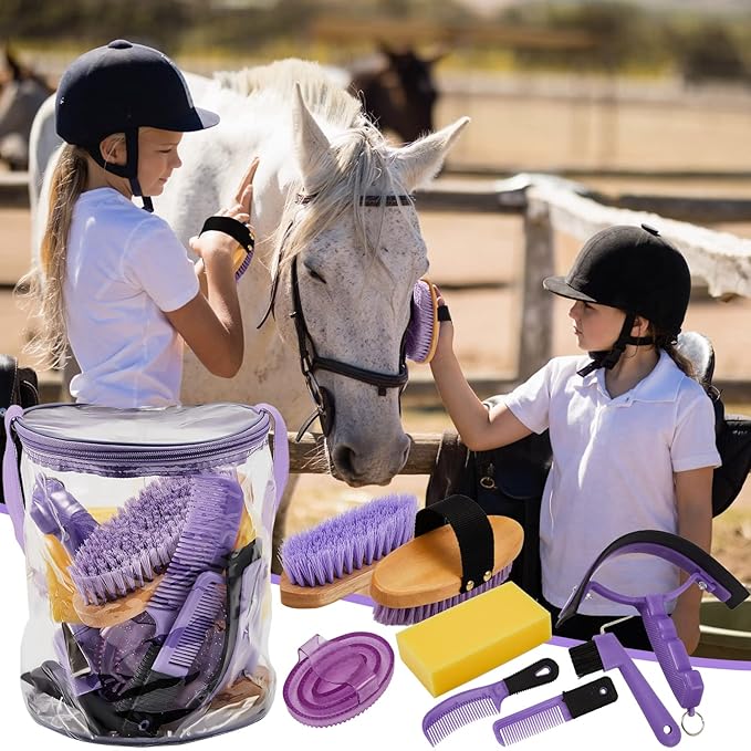 9 Pieces Horse Grooming Kit Tack Room Supplies Set with Organizer Tote Bag, Oval Massage Curry, Hard and Soft Brush, Hoof Pick, Sweat Scraper, Bathing Sponge, Combs for Horse Riders Beginners (Purple)-Mewly Pet