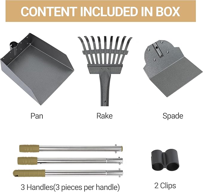 Heeyoo Dog Pooper Scooper, Dog Poop Tray and Rake Set, Pet Waste Removal Scoop with Long Adjustable Sectional Stainless Handles-Mewly Pet