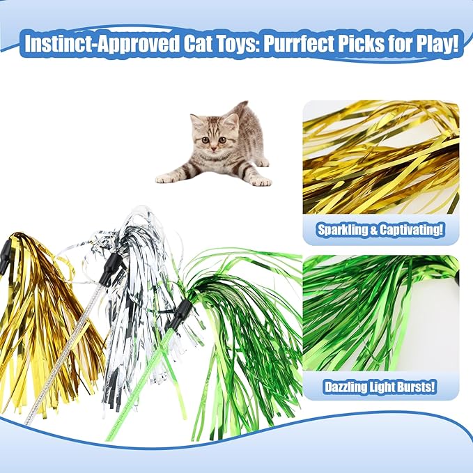 ADUCK Interactive Cat Teaser Wand Toy with Tassels - Durable Cat Chaser for Indoor Kitten Exercise, Boredom Relief & Training Play, Pack of 3 (Gold, Silver, Green)-Mewly Pet
