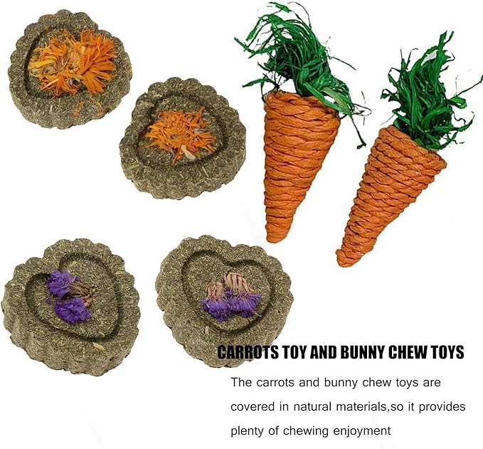 kathson 2 Pcs Rabbit Grass House Natural Foldable Hand Woven Seagrass Bed Carrot Hay Toy Hut Safe Comfortable Playhouse with Bunny Chew Toys for Bunny Hamster Guinea Pig Chinchilla Ferret-Mewly Pet