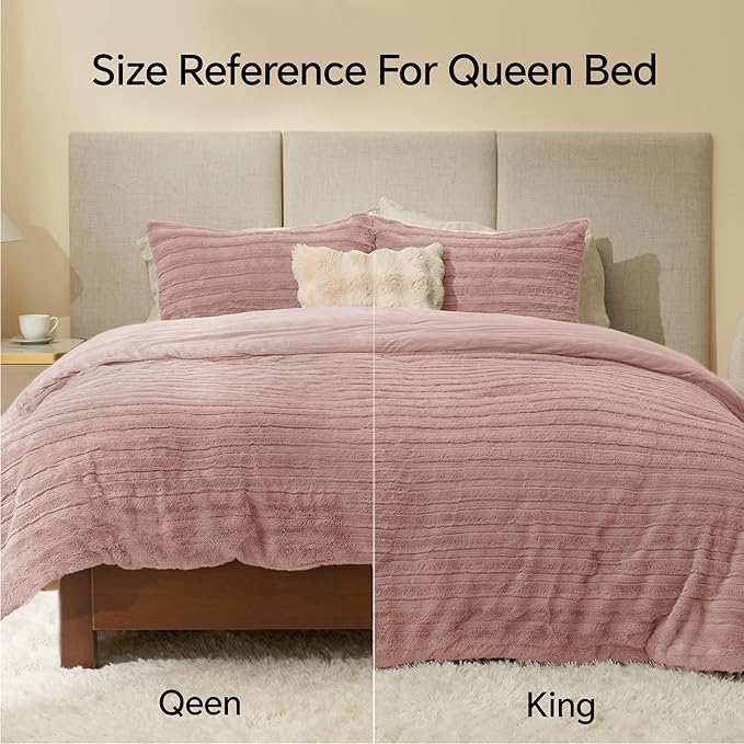 BEDELITE Fleece Queen Comforter Set -Super Soft & Warm Fluffy Pink Faux Fur Bedding, Luxury Fuzzy Heavy Bed Set for Winter with 2 Pillow Cases