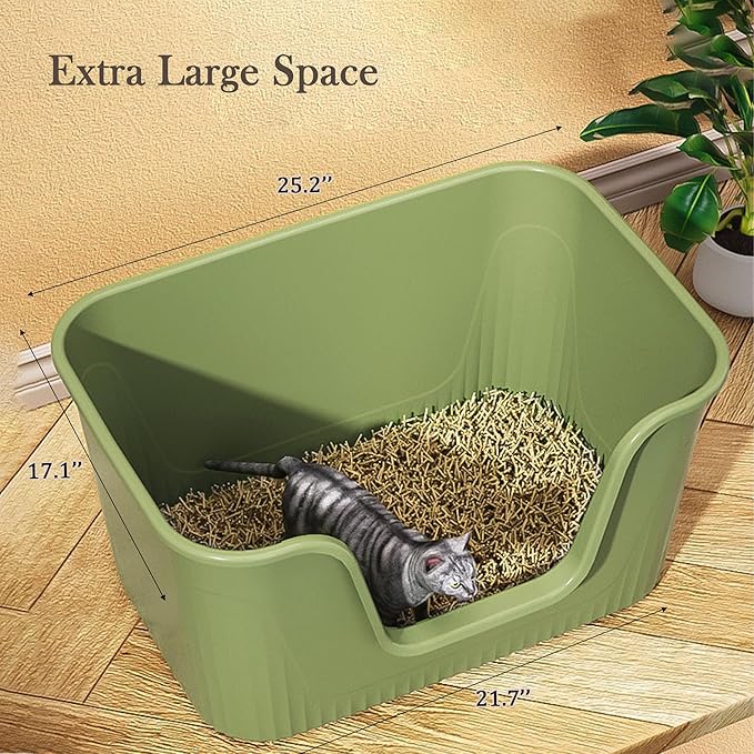 Vealind Extra Large Litter Box with High Sides, XL Litter Boxes for Big Cats, High Sided Litter Pan, Leak-Proof & Anti-Splashing, Easy Clean & Durable (25” * 17” * 13” Green)-Mewly Pet