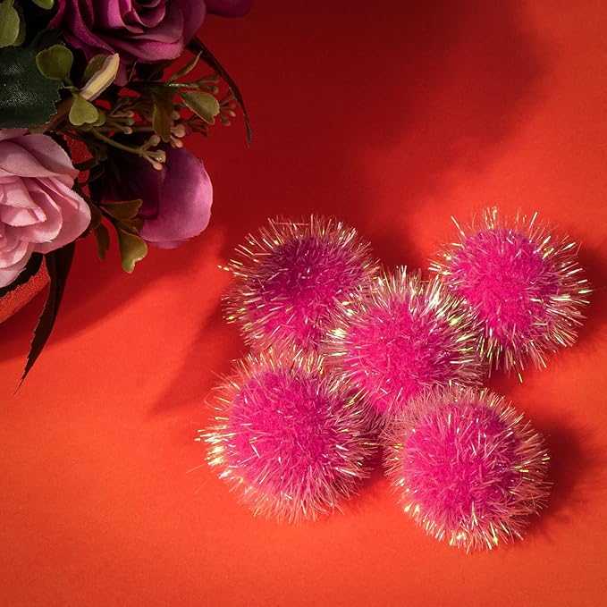 VAPKER 30 Pcs Cat Ball Toys Sparkle Balls Extra Large 2 Inch Cat's Favorite Chase Glitter Ball Glitter Tinsel Pom Poms Balls Hot Pink Color-Mewly Pet