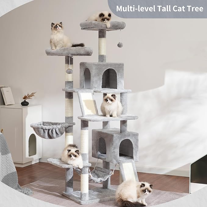 Cat Tree for Indoor Cats, 71'' (180cm) Multi-Level Cat Tower for Large Adult, Sturdy Cat Tree House with 2 Scratching Boards 7 Posts, 2 Plush Perches/Condos, Hammock, Light Gray GCT032W-Mewly Pet