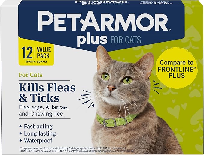 PetArmor Plus Flea and Tick Prevention for Cats, Cat Flea and Tick Treatment, 12 Doses, Waterproof Topical, Fast Acting, Cats Over 1.5 lbs-Mewly Pet