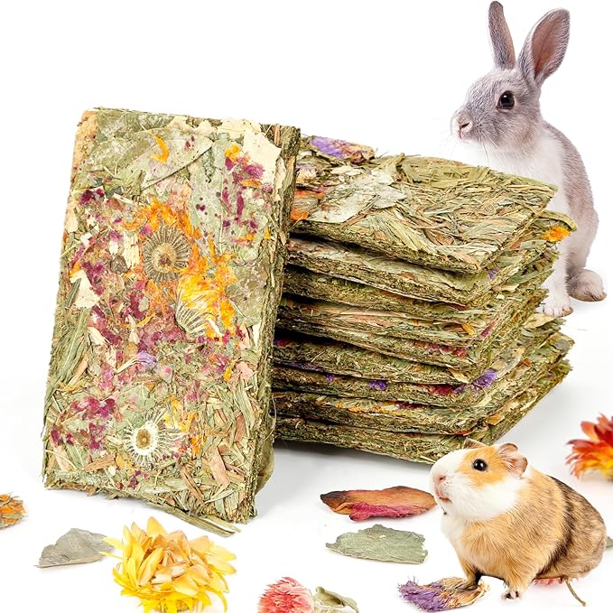 Abizoo Rabbit Natural Treats,10Pcs Timothy Hay Toys Chips Bunny chew Toys with Herbal Flowers Guinea Pig Treats for Hamster Chinchillas Gerbils Rats Small Animals Teeth Care Crisp Snacks-Mewly Pet