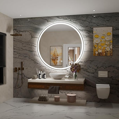 32 Inch Frameless Round Lighted Bathroom Mirror with Front & Backlit - 6000K Daylight, Dimmable, Anti-Fog, CRI 90+, 5mm HD LED Mirror