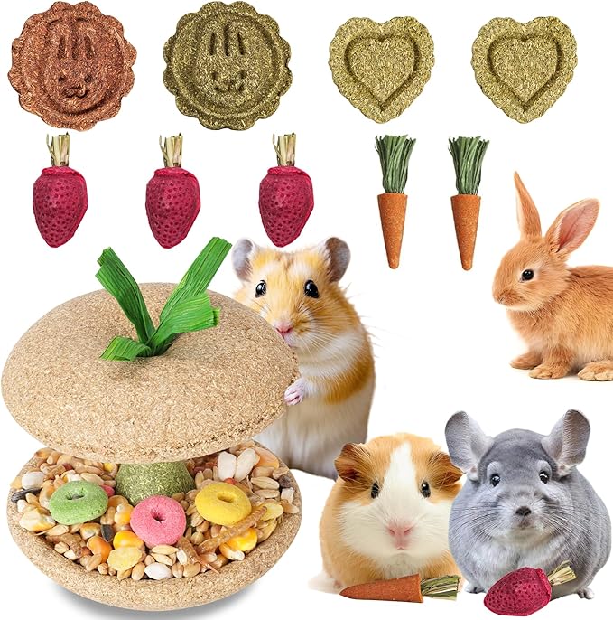10 PCS Guinea Pig Chew Toys for Teeth, Rabbit Chew Toys Contain Natural Timothy Apple Core, Grass Cake, Carrot and Strawberry;Hamster toys for Bunny Chinchilla Gerbil Dental Care & Treat Teething-Mewly Pet
