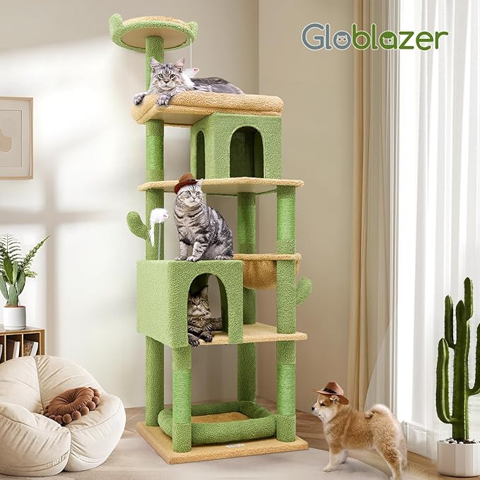 Globlazer Heavy Duty Cactus Cat Tree for Large Cats, Sturdy 72in Maine Coon Cat Tree for Large Cats 20 lbs+ Cactus Cat Tower for Adult Biggest Cats with 6 Scratching Posts, Hammock, S72, Green-Mewly Pet