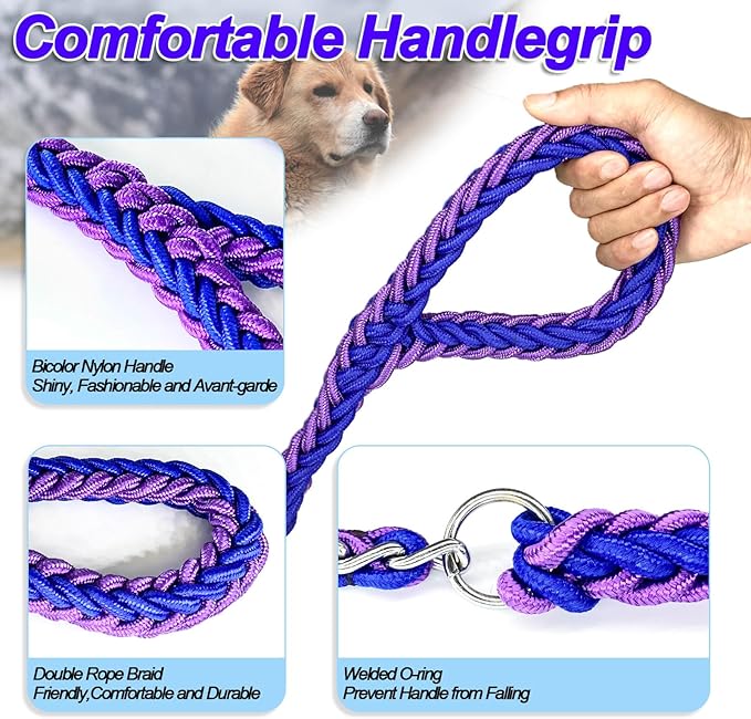 Dog Leash Rope Chain, Nylon Rope Metal Chain for Pet Leads. 6ft Heavy Duty Chew Proof Training Walking for Medium Large Dogs. (Large, Purple&Black)