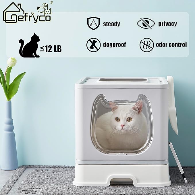 Gefryco Litter Box with Lid for Small to Medium Cats, Enclosed Cat Litter Box with Cover，High Sided Top Entry Cat Box with Brush and Scoop, Cute Kitty Litter Pan with Drawer for Growing Kittens(Grey)-Mewly Pet