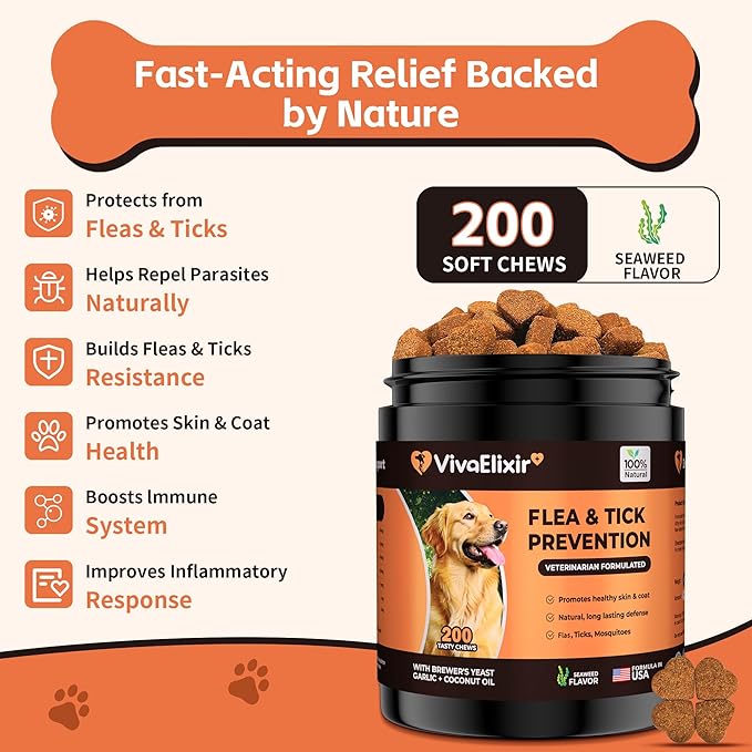 Flea and Tick Prevention for Dogs – 200 Soft Chews - Dog Flea and Tick Treatment & Oral Flea Pills – Skin & Coat Health - Made in USA - for Small, Medium, Large Dogs-Mewly Pet