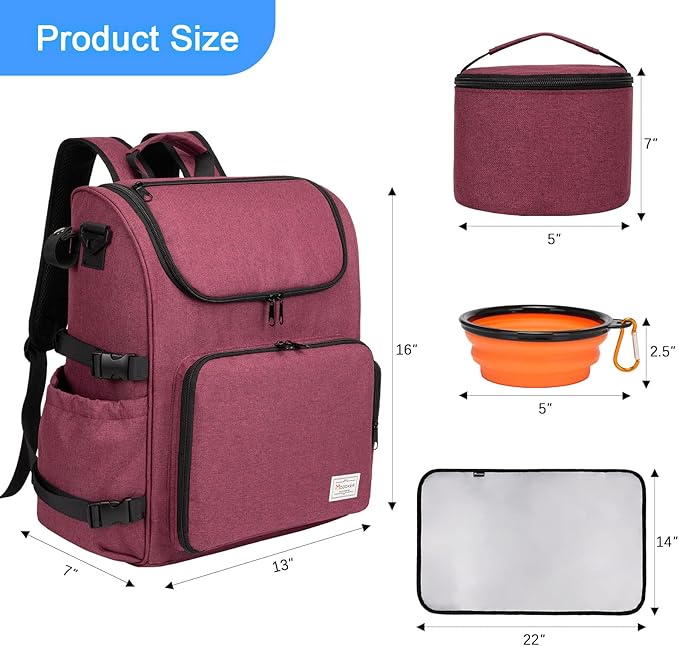 Modoker Dog Travel Bag Backpack, Airline Approved Pet Accessories Organizer for Dog and Cat with Shoulder Strap, 2 Dog Food Storage Containers, 2 Collapsible Dog Bowls,1 Pet Mat, Rose Red-Mewly Pet