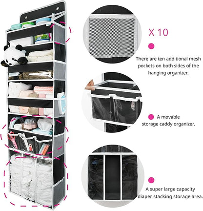 Door Hanging Storage Organizer,with 3 Bins 1 Movable Baby Diaper Caddy,1 Large capacity diaper stacking storage Organizer,10 Side Pockets ,Bedroom Door Storage for Nursery Baby Essentials. (Dark grey)
