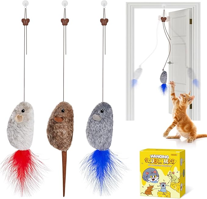 Potaroma Hanging Cat Mice Toys 3 Pcs with Squeaky Sound, Interactive Cat Teaser Retractable, Cat Toys Indoor Kitten Play Chase Exercise, Mental Physical Stimulation-Mewly Pet