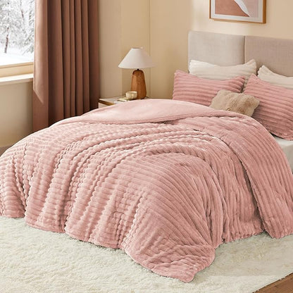 BEDELITE Fleece King Comforter Set -Super Soft & Warm Fluffy Dusty Pink Bedding, Luxury Fuzzy Heavy Bed Set for Winter with 2 Pillow Cases