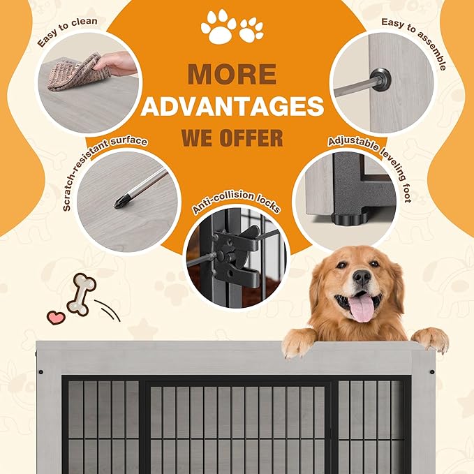 Bigrab Dog Crate Furinture with Thick Cushion, Side End Table Wooden Dog Cage with Double Doors, Chew-Resistant Dog Kennel Dog House Indoor for Small to Large Dog, M (Grey)-Mewly Pet