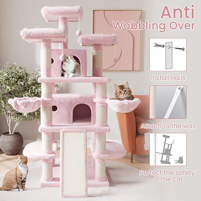 SHA CERLIN 68 Inches Multi-Level Large Cat Tree for Large Kitties/Big Cat Tower with Condo/Cozy Plush ‌Pussycat Perches/Sisal Scratching Posts and Hammocks/Activity Center/Pink-Mewly Pet