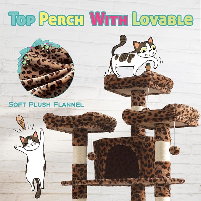 SHA CERLIN 73in Fan-Shaped Corner Cat Tower for Save Space/Multi-Level Tall Cat Tree for Indoor Kitties/Condo with Baskets/Cozy Perches/Sisal Scratching Posts/Pet Activity House/Leopard Print-Mewly Pet