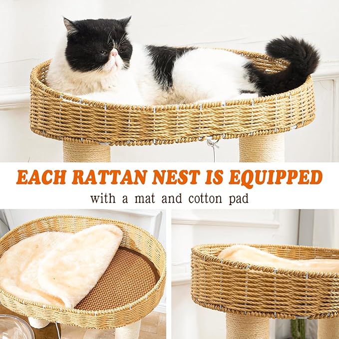 Modern Cat Tree for Indoor Cats, Wood Cat Tree with Natural Sisal-Covered Scratching Posts, Unique Cat Furniture Activity Center with Cat Scratching Ball Toy-Mewly Pet