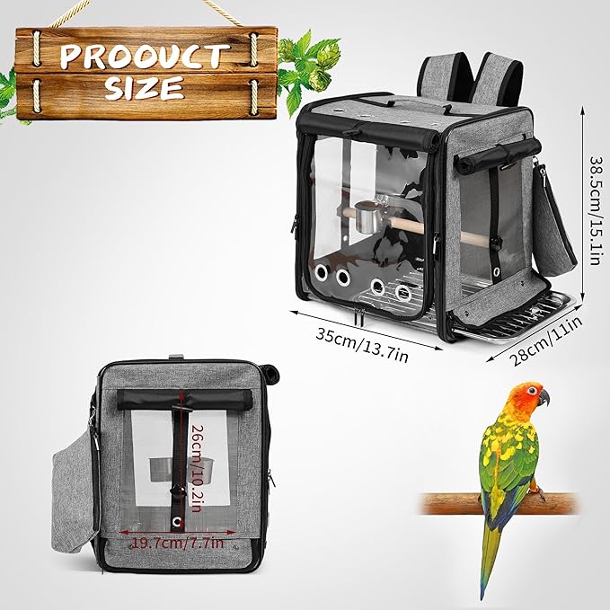 Suertree Bird Carrier with Seat Belt for Car Travel, Bird Backpack Carrier with Indestructible Stainless Steel Mesh, Large Bird Carrier Travel Cage, Grey-Mewly Pet