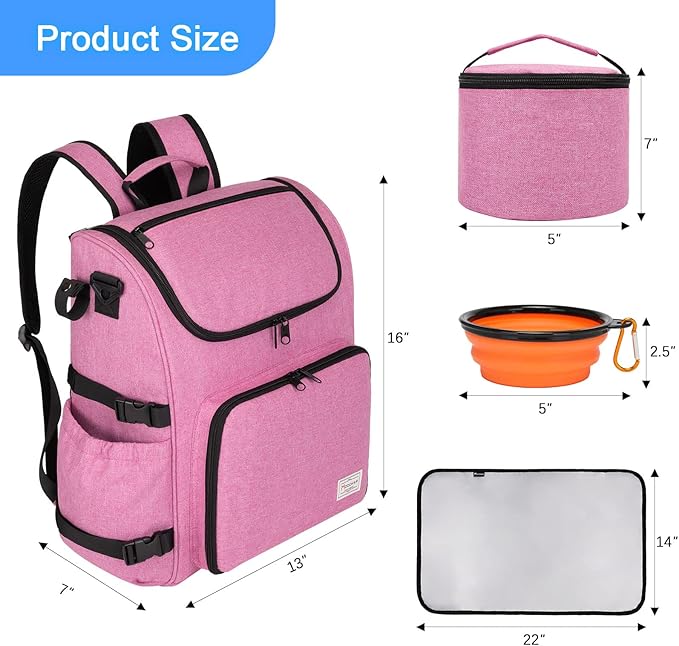 Modoker Dog Travel Bag Backpack, Airline Approved Pet Accessories Organizer for Dog and Cat with Shoulder Strap, 2 Dog Food Storage Containers, 2 Collapsible Dog Bowls,1 Pet Mat, Pink-Mewly Pet