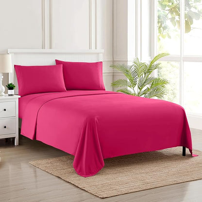 Sweet Home Collection Twin Size Sheet Set with Built-in Sheet Straps - Deep Pocket Fitted Sheet, Flat Sheet & Pillowcases - Soft, Wrinkle-Free, Secure Fit - Fuschia
