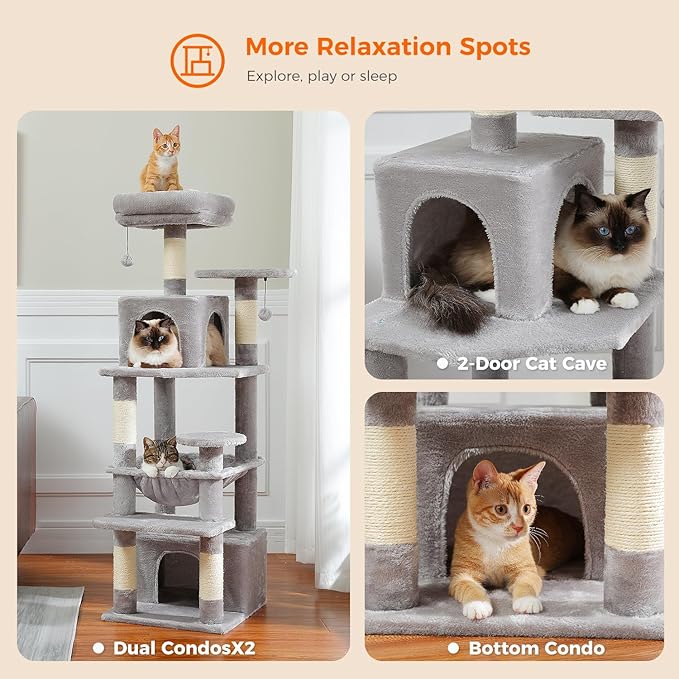 PAWZ Road Cat Tree, 53.5 Inches Tall Cat Tower with Spacious Hammocks, Condos and Scratching Posts, Cat House with Dual Padded Perches for Indoor Large Cats-Gray-Mewly Pet