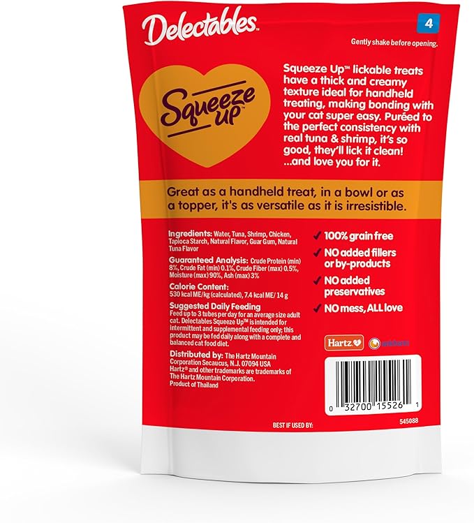 Delectables Squeeze Up Creamy Squeezable Puree, Lickable Wet Cat Treats, Grain Free, No Added Fillers, No By-Products, No Added Preservatives, 0.5 Ounces Tuna & Shrimp, 32 Tubes Total-Mewly Pet