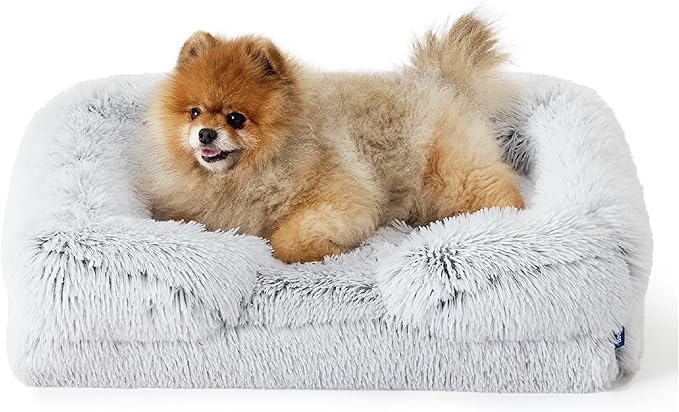Bedsure Orthopedic Dog Beds for Small Dogs - Washable Small Dog Cat Bed Waterproof, Comfort Pet Couch Sofa with Washable Removable Cover, Pets Bed with Nonskid Bottom, Long Faux Fur-Misty Grey, 24"-Mewly Pet