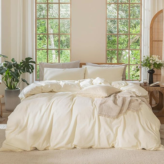 MooMee Bedding Duvet Cover Set 100% Washed Cotton Linen Like Textured Breathable Durable Soft Comfy (Solid Cream White, Super King Plus 120"x120")