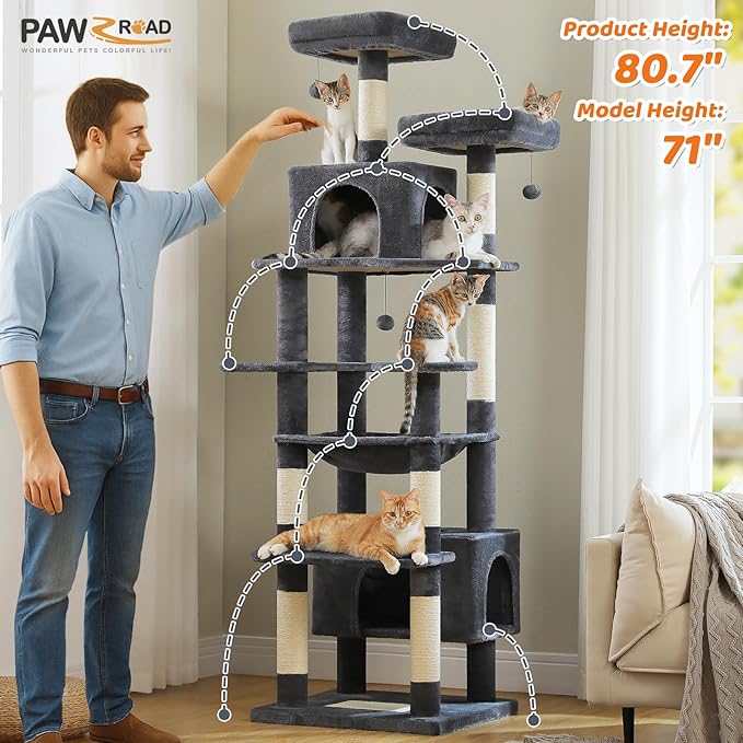 PAWZ Road Heavy Duty Cat Tree for Large Cats, 81 Inches Tall Cat Tower with 2 Perches, 2 Condos and Spacious Hammock, XL Extra Large Condo with 7 Scratching Posts for 20lb+ Adult Cats, Dark Gray-Mewly Pet