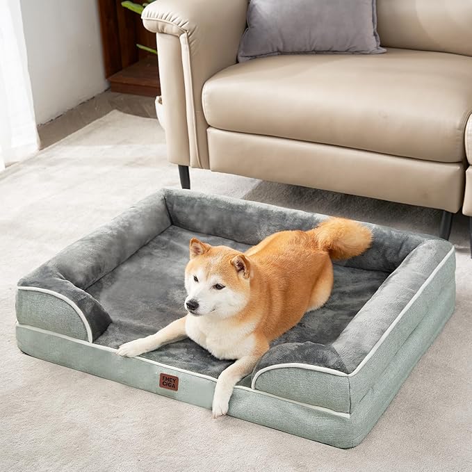 EHEYCIGA Orthopedic Dog Beds for Large Dogs, Waterproof Memory Foam Large Pet Bed with Sides, Non-Slip Bottom and Egg-Crate Foam Dog Couch Bed with Washable Removable Cover, Greyish Green-Mewly Pet