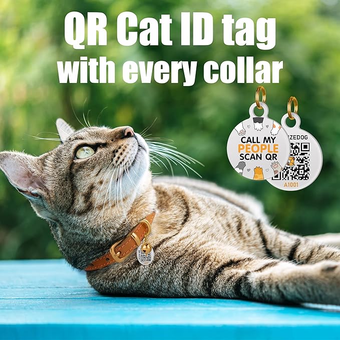 BRONZEDOG Leather Cat Collar with Removable Bells Non Breakaway Kitten QR Tag for Girl Boy (9" - 12" Cats/Mini Dogs, Red & Silver)-Mewly Pet
