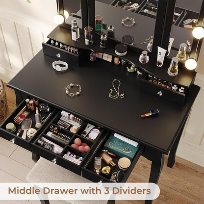 Tiptiper Makeup Vanity with Lights, Vanity Desk with 10 Light Bulbs & 3 Color Lighting Modes, Vanity Table with 5 Drawers and Cushioned Stool, Makeup Table with Tri-Fold Mirror for Women Girls, Black