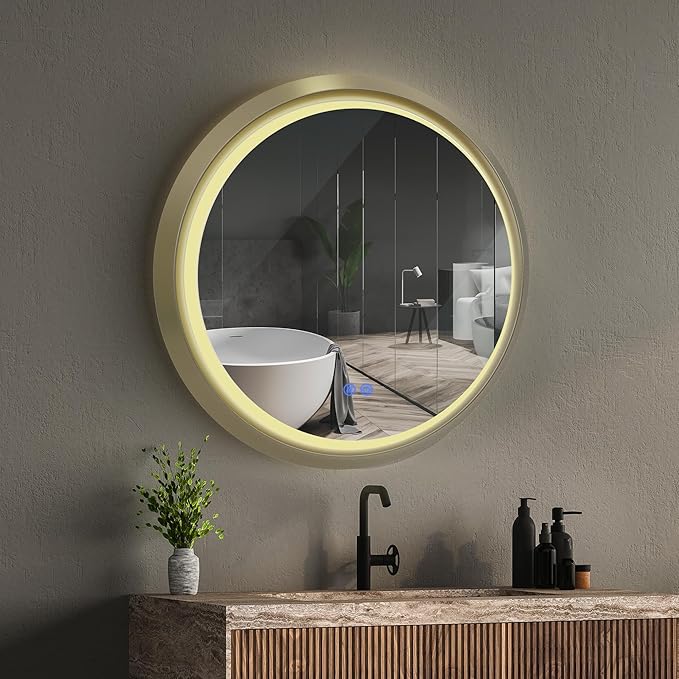 Round LED Mirror 24 Inch for Bathroom, Gold Metal Frame Lighted Vanity Mirror,Wall Mounted Circle with Lights,6000K Anti-Fog & Dimmable Touch Switch