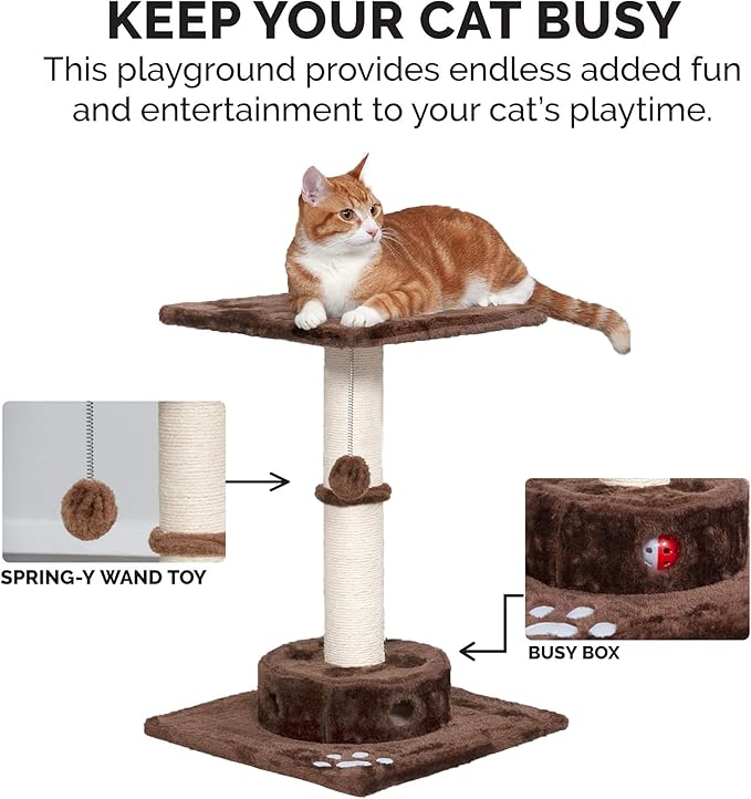 Furhaven 22.5" Tall Cat Tree for Indoor Cats, Ft. Sisal Scratching Post, Plush Ball Toy, & Busy Box Toy - Tiger Tough Scratching Post Interactive Playground - Brown, One Size-Mewly Pet