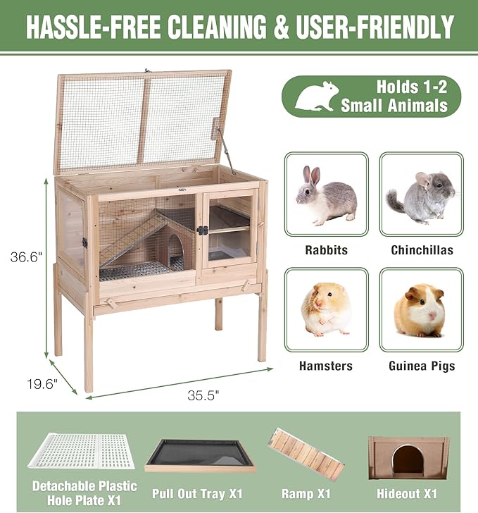 GUTINNEEN Guinea Pig Cage Rabbit Cage Indoor with Chew-Proof Edges, Clean Deep Tray, Leakproof PVC Layer, Small Animals Cage with Adjustable Legs - Natural Wood Color-Mewly Pet