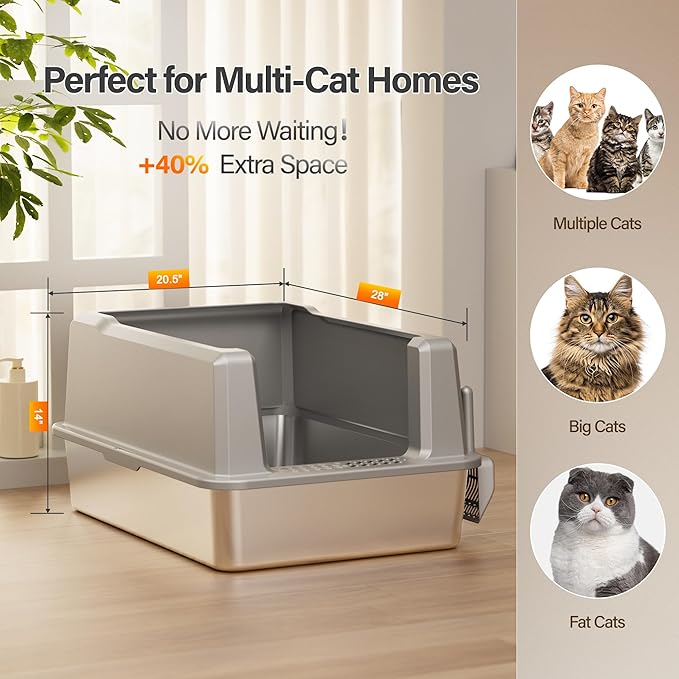 Stainless Steel Jumbo Open Cat Litter Box, XXXL 28"x20.5"x14" for Large Cats & Multi-Cat Households, Anti-Leakage High Walls & Non-Slip Base, Non-Sticky, Easy Clean Durable Metal Litter Pan-Mewly Pet