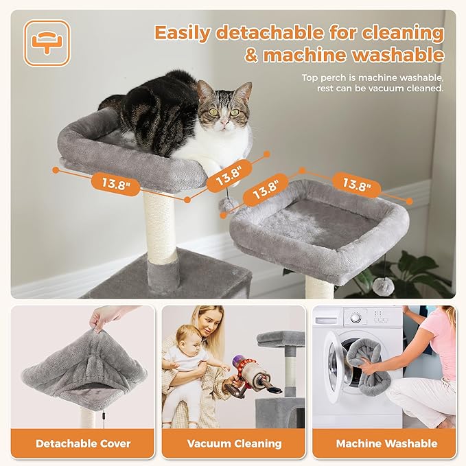 PAWZ Road 70 Inch Cat Tower, Tall Cat Tree with 2 Cozy Condos, 2 Plush Perch, Large Basket, 2 Scraching Pad & 6 Scraching Posts for Indoor Cats Large Adult, Gray-Mewly Pet