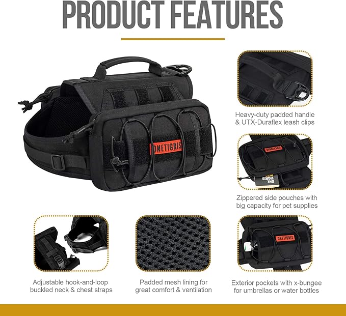 OneTigris Dog Backpack for Medium & Large Dogs, Nylon Backpack for Dogs Tactical Pet Backpack with Side Pockets for Hiking Walking Training Running (Black, Medium)-Mewly Pet