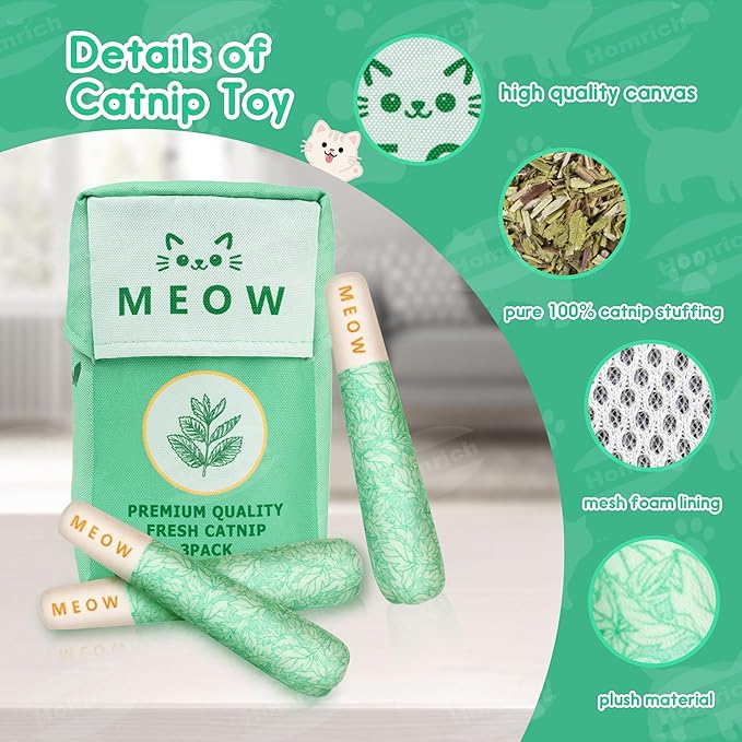 Homrich Catnip Toys for Cats, 3-Pack Funny Cat Toys Filled with 100% Pure Organic Catnip, Safe Kitten Teething Chew & Kicker Toys - Interactive Cat Toys for Bored Indoor Adult Cats-Mewly Pet